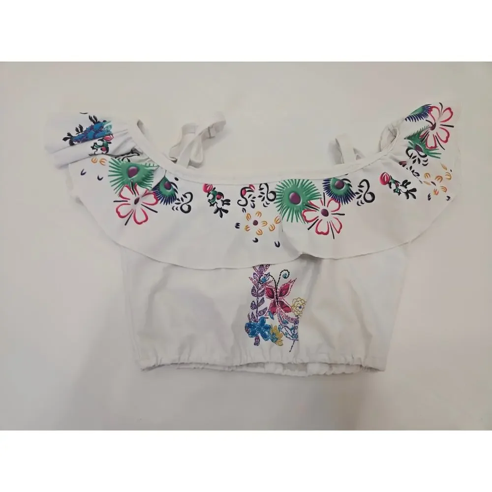 AmzBarley Girls 140 Floral Embroidered Ruffle Swimsuit Bikini Top White Kids